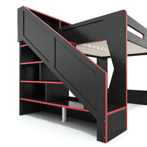 English Elm Queen Loft Bed Gaming Workstation with LED Lighting USB Ports and Storage Stairs W5316S00064