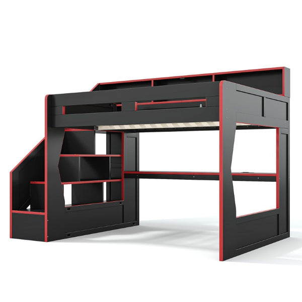 English Elm Queen Loft Bed Gaming Workstation with LED Lighting USB Ports and Storage Stairs W5316S00064