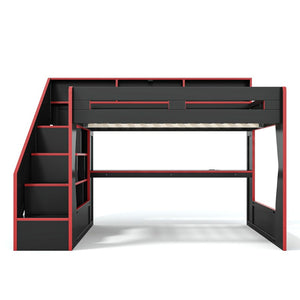 English Elm Queen Loft Bed Gaming Workstation with LED Lighting USB Ports and Storage Stairs W5316S00064
