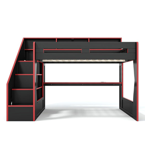 English Elm Queen Loft Bed Gaming Workstation with LED Lighting USB Ports and Storage Stairs W5316S00064