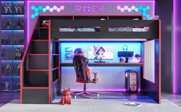 English Elm Queen Loft Bed Gaming Workstation with LED Lighting USB Ports and Storage Stairs W5316S00064