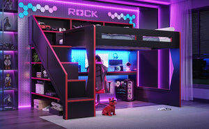 English Elm Queen Loft Bed Gaming Workstation with LED Lighting USB Ports and Storage Stairs W5316S00064