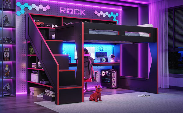 English Elm Queen Loft Bed Gaming Workstation with LED Lighting USB Ports and Storage Stairs W5316S00064