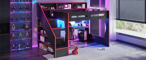 English Elm Queen Loft Bed Gaming Workstation with LED Lighting USB Ports and Storage Stairs W5316S00064