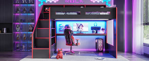 English Elm Queen Loft Bed Gaming Workstation with LED Lighting USB Ports and Storage Stairs W5316S00064