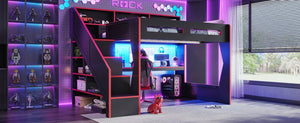 English Elm Queen Loft Bed Gaming Workstation with LED Lighting USB Ports and Storage Stairs W5316S00064