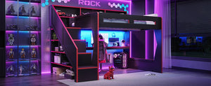 English Elm Queen Loft Bed Gaming Workstation with LED Lighting USB Ports and Storage Stairs W5316S00064
