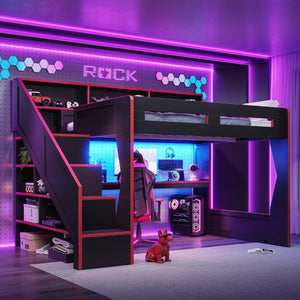 English Elm Queen Loft Bed Gaming Workstation with LED Lighting USB Ports and Storage Stairs W5316S00064