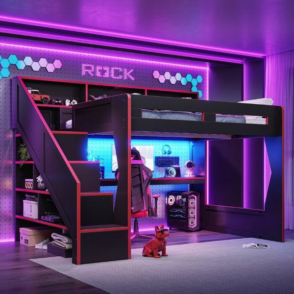 English Elm Queen Loft Bed Gaming Workstation with LED Lighting USB Ports and Storage Stairs W5316S00064