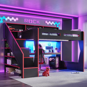 English Elm Queen Loft Bed Gaming Workstation with LED Lighting USB Ports and Storage Stairs W5316S00064