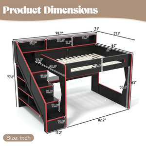 English Elm Queen Loft Bed Gaming Workstation with LED Lighting USB Ports and Storage Stairs W5316S00064