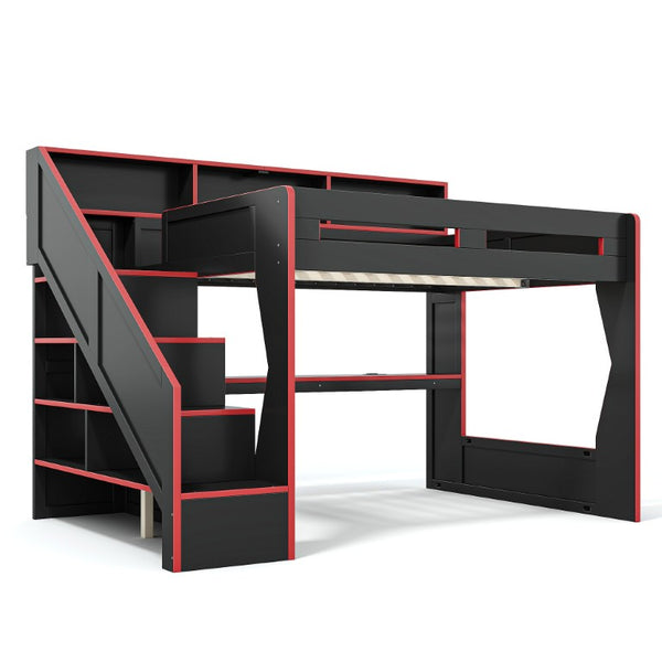 English Elm Queen Loft Bed Gaming Workstation with LED Lighting USB Ports and Storage Stairs W5316S00064