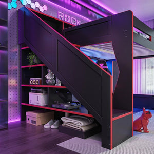English Elm Queen Loft Bed Gaming Workstation with LED Lighting USB Ports and Storage Stairs W5316S00064