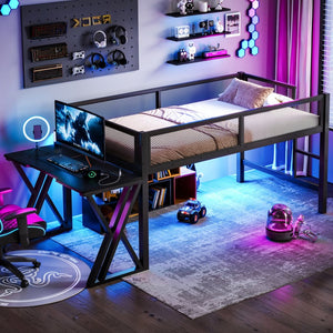 English Elm Twin Xl Gaming Loft Bed with Staircase Led Lights Usb Ports and Mesh Guardrail W5316S00065