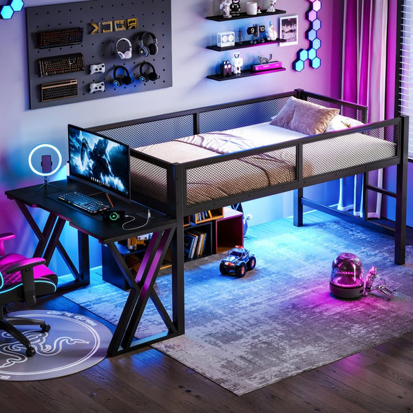 English Elm Twin Xl Gaming Loft Bed with Staircase Led Lights Usb Ports and Mesh Guardrail W5316S00065