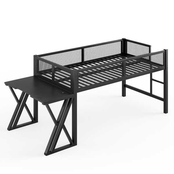 English Elm Twin Xl Gaming Loft Bed with Staircase Led Lights Usb Ports and Mesh Guardrail W5316S00065