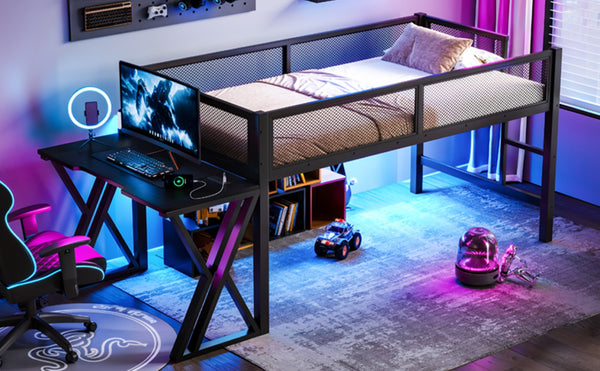 English Elm Twin Xl Gaming Loft Bed with Staircase Led Lights Usb Ports and Mesh Guardrail W5316S00065