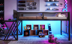 English Elm Twin Xl Gaming Loft Bed with Staircase Led Lights Usb Ports and Mesh Guardrail W5316S00065