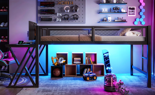 English Elm Twin Xl Gaming Loft Bed with Staircase Led Lights Usb Ports and Mesh Guardrail W5316S00065
