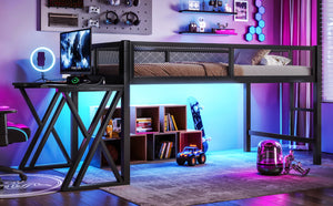 English Elm Twin Xl Gaming Loft Bed with Staircase Led Lights Usb Ports and Mesh Guardrail W5316S00065