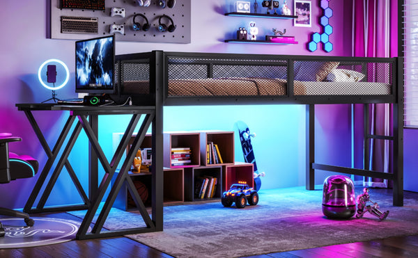 English Elm Twin Xl Gaming Loft Bed with Staircase Led Lights Usb Ports and Mesh Guardrail W5316S00065