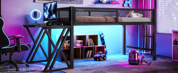 English Elm Twin Xl Gaming Loft Bed with Staircase Led Lights Usb Ports and Mesh Guardrail W5316S00065