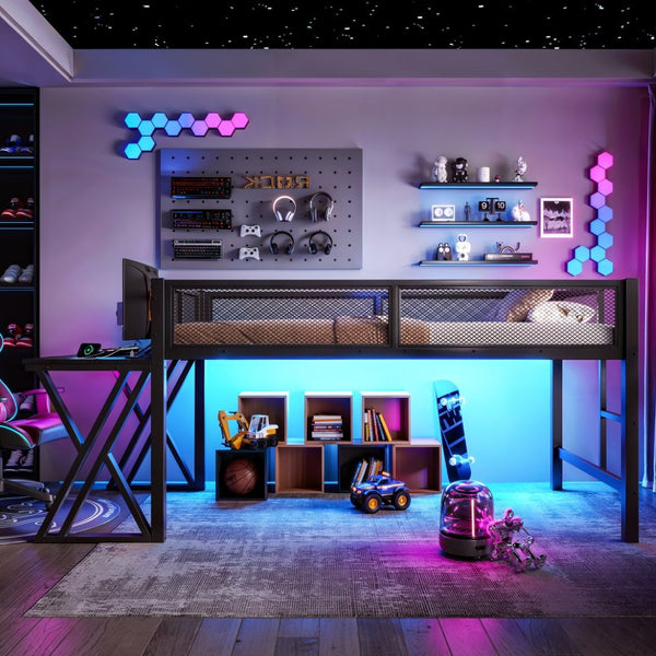 English Elm Twin Xl Gaming Loft Bed with Staircase Led Lights Usb Ports and Mesh Guardrail W5316S00065