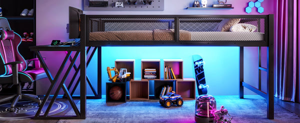 English Elm Twin Xl Gaming Loft Bed with Staircase Led Lights Usb Ports and Mesh Guardrail W5316S00065