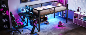 English Elm Twin Xl Gaming Loft Bed with Staircase Led Lights Usb Ports and Mesh Guardrail W5316S00065