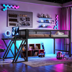 English Elm Twin Xl Gaming Loft Bed with Staircase Led Lights Usb Ports and Mesh Guardrail W5316S00065
