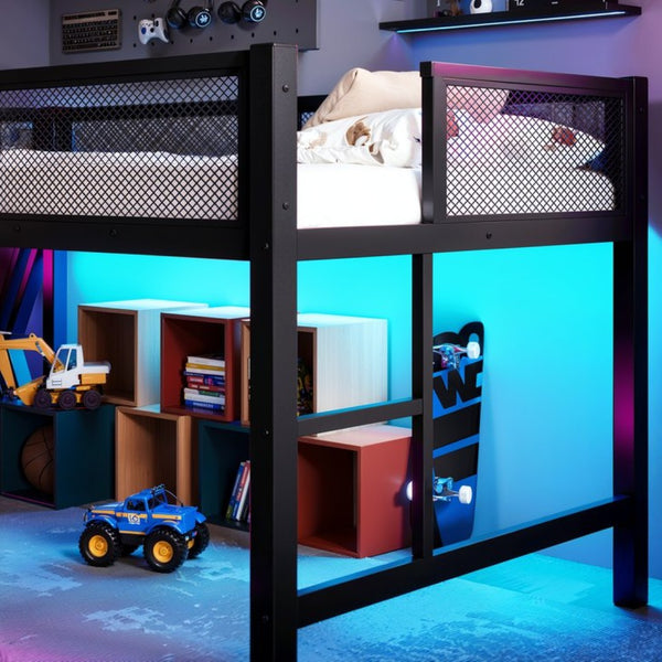 English Elm Twin Xl Gaming Loft Bed with Staircase Led Lights Usb Ports and Mesh Guardrail W5316S00065