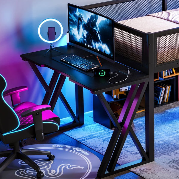 English Elm Twin Xl Gaming Loft Bed with Staircase Led Lights Usb Ports and Mesh Guardrail W5316S00065