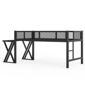 English Elm Twin Xl Gaming Loft Bed with Staircase Led Lights Usb Ports and Mesh Guardrail W5316S00065