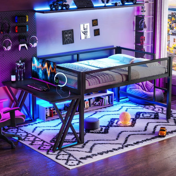 English Elm Full Size Metal Loft Bed with Desk Led Lights Usb Ports Staircase Mesh Rail W5316S00066