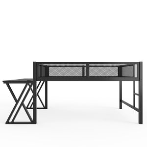 English Elm Full Size Metal Loft Bed with Desk Led Lights Usb Ports Staircase Mesh Rail W5316S00066