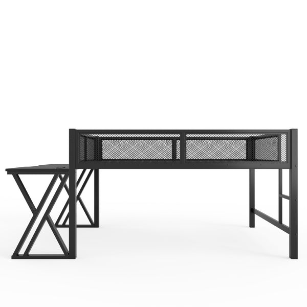English Elm Full Size Metal Loft Bed with Desk Led Lights Usb Ports Staircase Mesh Rail W5316S00066