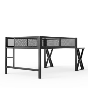 English Elm Full Size Metal Loft Bed with Desk Led Lights Usb Ports Staircase Mesh Rail W5316S00066