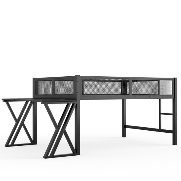 English Elm Full Size Metal Loft Bed with Desk Led Lights Usb Ports Staircase Mesh Rail W5316S00066