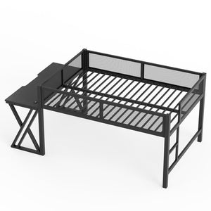 English Elm Full Size Metal Loft Bed with Desk Led Lights Usb Ports Staircase Mesh Rail W5316S00066