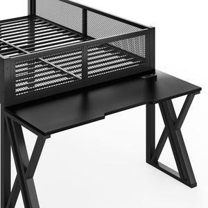 English Elm Full Size Metal Loft Bed with Desk Led Lights Usb Ports Staircase Mesh Rail W5316S00066