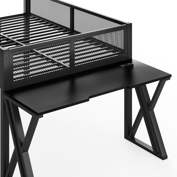 English Elm Full Size Metal Loft Bed with Desk Led Lights Usb Ports Staircase Mesh Rail W5316S00066