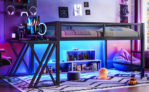 English Elm Full Size Metal Loft Bed with Desk Led Lights Usb Ports Staircase Mesh Rail W5316S00066