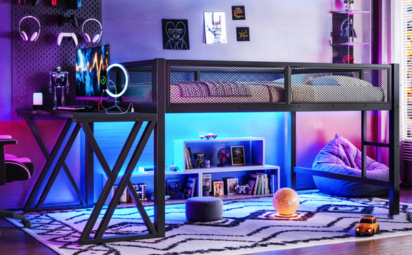 English Elm Full Size Metal Loft Bed with Desk Led Lights Usb Ports Staircase Mesh Rail W5316S00066