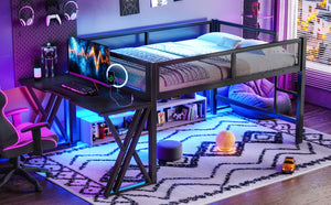 English Elm Full Size Metal Loft Bed with Desk Led Lights Usb Ports Staircase Mesh Rail W5316S00066