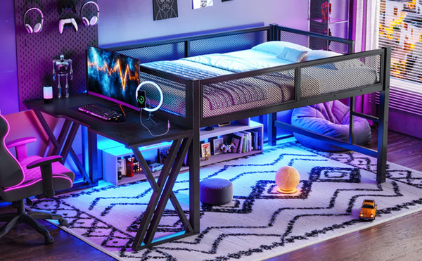 English Elm Full Size Metal Loft Bed with Desk Led Lights Usb Ports Staircase Mesh Rail W5316S00066