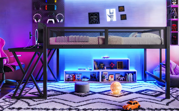 English Elm Full Size Metal Loft Bed with Desk Led Lights Usb Ports Staircase Mesh Rail W5316S00066