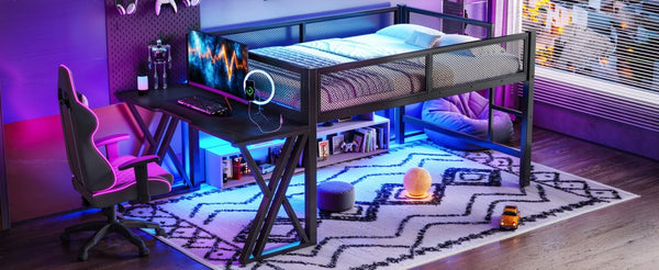English Elm Full Size Metal Loft Bed with Desk Led Lights Usb Ports Staircase Mesh Rail W5316S00066