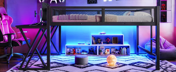 English Elm Full Size Metal Loft Bed with Desk Led Lights Usb Ports Staircase Mesh Rail W5316S00066