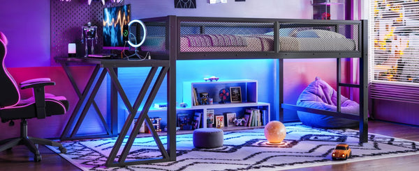 English Elm Full Size Metal Loft Bed with Desk Led Lights Usb Ports Staircase Mesh Rail W5316S00066