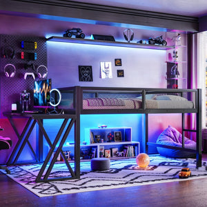 English Elm Full Size Metal Loft Bed with Desk Led Lights Usb Ports Staircase Mesh Rail W5316S00066